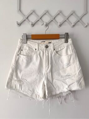 Garage White Distressed Frayed Hem Denim Shorts